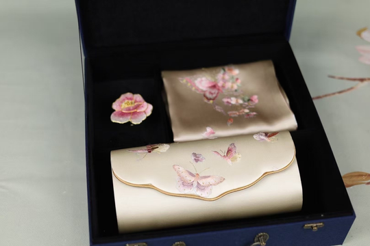 Silk hand-embroidered Ruyi bag, scarf, brooch set